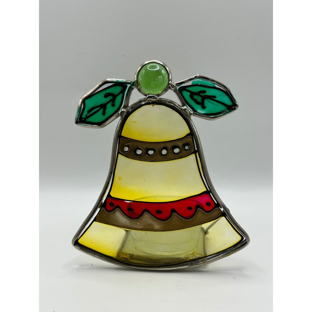 Stained Glass Christmas Bell Tea Light Candle Holder Holiday Decor Yellow Green